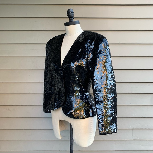 Vintage 80s Black Sequined Silk Peplum Blazer Formal Holiday Jacket Oleg Cassini - Picture 8 of 14